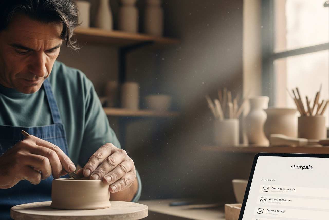 Artesano trabajando con herramientas digitales y tradicionales, simbolizando la unión de la artesanía y la IA para PYMES.